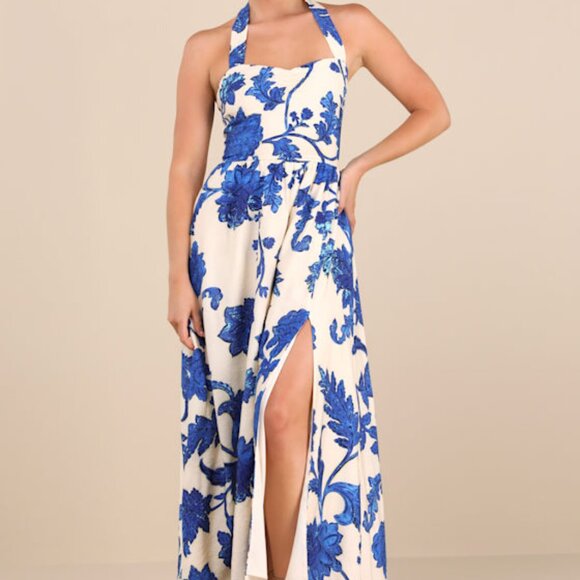 Lulus Layton Blue And Cream Floral Halter Maxi Dress White - Size XL - Picture 1 of 1